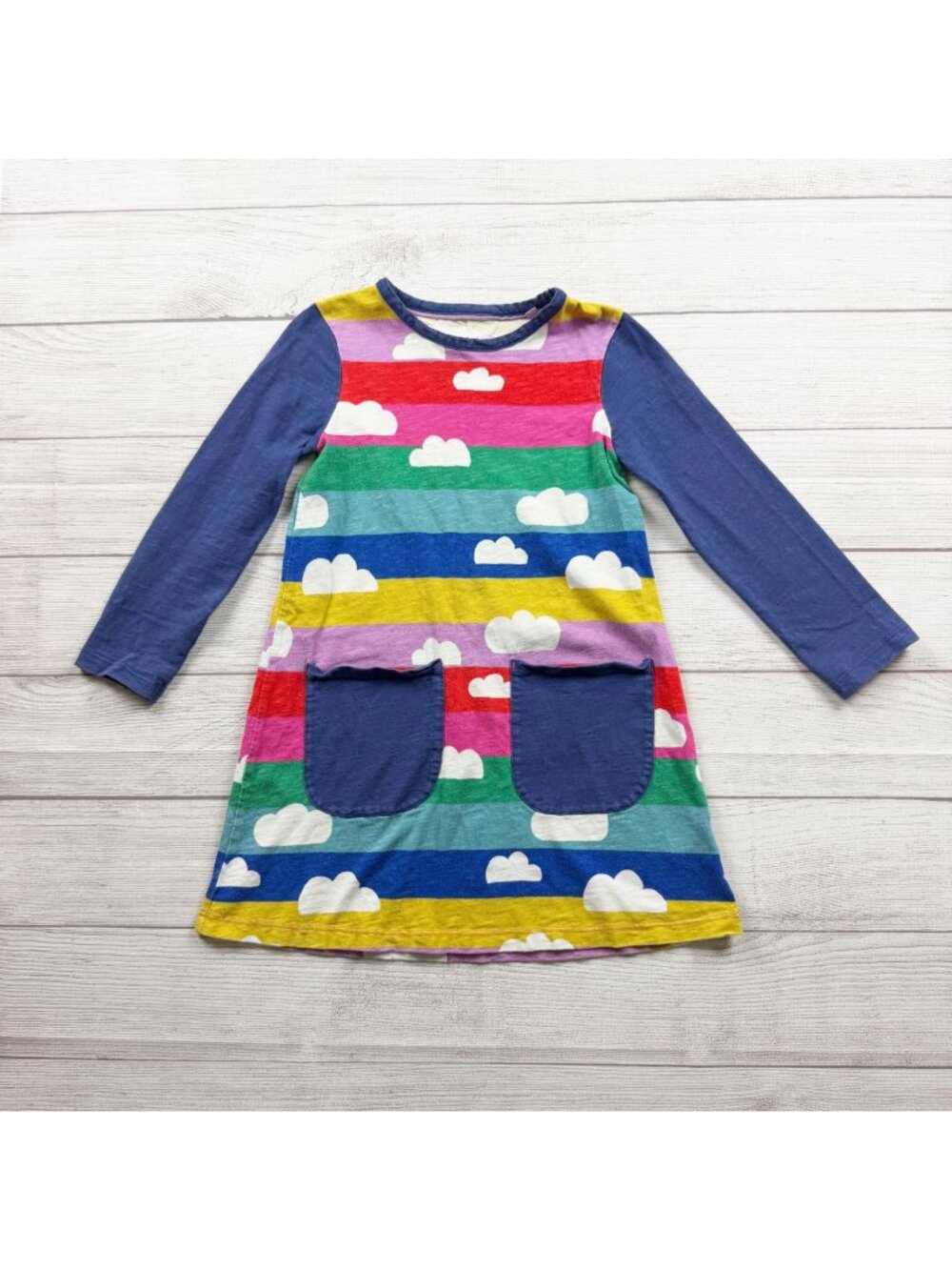 Mini Boden Long Sleeve Girls Cotton Dress Rainbow Stripe Clouds 6-7 Years